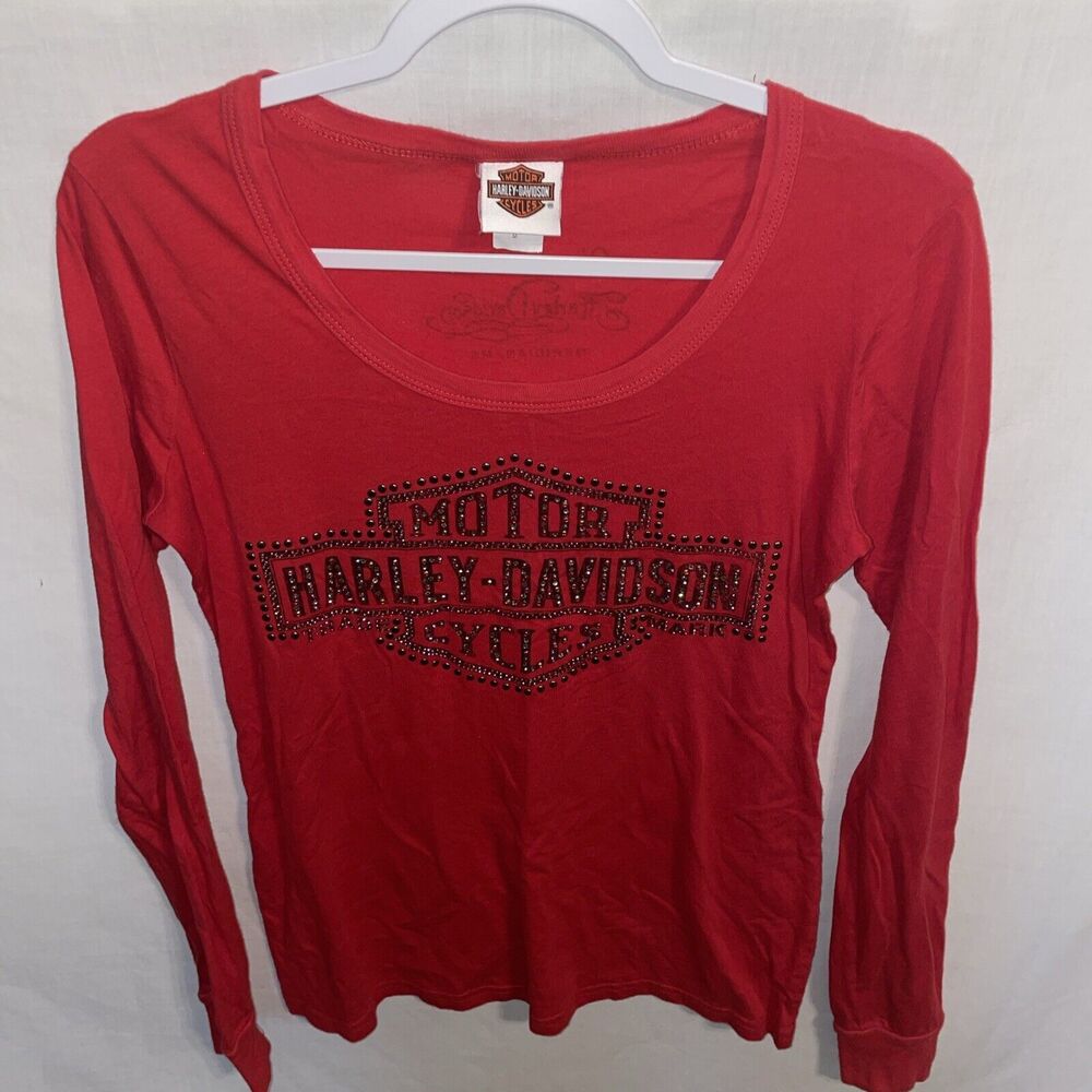 Harley Davidson Women’s Casual Shirt Sz Medium Red Sequins Spell Out Motorcycles